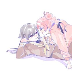  2girls ahoge anyoji_hime black_ribbon blue_eyes blush brown_dress closed_mouth clothes_grab commentary dress eye_contact grey_hair hair_ornament hair_ribbon hasu_no_sora_school_uniform highres hood hood_down hooded_jacket jacket jellyfish_cut katsuragi_izumi light_smile long_sleeves looking_at_another love_live! love_live!_hasu_no_sora_jogakuin_school_idol_club lying multi-tied_hair multiple_girls neckerchief neckerchief_grab neckwear_grab on_back open_mouth pink_hair pink_jacket pipi_(m1x_mix) ponytail ribbon sailor_collar sailor_dress school_uniform simple_background smile triangle_hair_ornament undershirt untranslatable_commentary virtual_youtuber white_background white_sailor_collar winter_uniform yellow_neckerchief yuri 