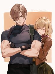  >:) 1boy 1girl arched_back ashley_graham black_gloves blue_shirt bob_cut brown_hair brown_jacket chest_holster closed_eyes cowboy_shot crossed_arms fingerless_gloves gloves green_skirt grin hair_over_one_eye hand_on_another's_arm highres jacket knife_sheath leon_s._kennedy muscular muscular_male red_scarf resident_evil resident_evil_4 resident_evil_4_(remake) scarf sheath shirt short_hair skirt smile smirk tomoe_(shoushou781) v-shaped_eyebrows yellow_shirt 