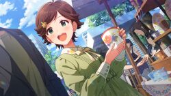  1boy 4girls :d blush brown_hair card_commentary commentary_request cup day dress dutch_angle game_asset green_dress green_eyes hair_ornament hairclip holding holding_cup idolmaster idolmaster_million_live! idolmaster_million_live!_theater_days kinoshita_hinata looking_at_another multiple_girls official_alternate_costume official_alternate_hairstyle official_art open_mouth out_of_frame outdoors producer_(idolmaster) short_hair smile solo_focus standing third-party_source 