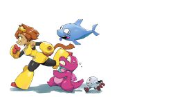  1girl 3boys absurdres animal_ears brown_hair cat_ears cat_girl cat_tail dinosaur dolphin dress flappers_(gameoverse) furry furry_female gameoverse gauntlets gobbles_(gameoverse) goggles goggles_on_head highres kaboodle_(gameoverse) kit_(gameoverse) multiple_boys orly_custer red_eyes simple_background tail toon_(style) whiskers white_background yellow_dress yellow_gauntlets 