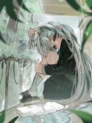  1girl commentary_request cookie_run cookie_run:_ovenbreak gutan_(gugangtan) highres humanization korean_commentary long_hair looking_at_viewer rain sandals school_uniform smile solo white_ghost_cookie white_hair 