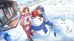  1boy 2girls beanie blue_hat blue_jacket blue_pants brother_and_sister brown_hair building_snowman card_commentary coat commentary_request day dutch_angle game_asset hat headpat idolmaster idolmaster_million_live! idolmaster_million_live!_theater_days jacket kinoshita_hinata kinoshita_hinata's_brother kinoshita_hinata's_grandmother mittens multiple_girls official_art outdoors pants pink_coat pink_pants short_hair shovel siblings snow snow_rabbit snow_shovel snowman third-party_source white_hat winter winter_clothes yellow_mittens 