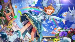  1girl :d ^_^ beamed_sixteenth_notes bird blue_boots blue_dress boots building card_commentary closed_eyes commentary_request day dress eighth_note fisheye flower from_below game_asset holding holding_umbrella idolmaster idolmaster_million_live! idolmaster_million_live!_theater_days long_sleeves musical_note musical_staff musical_staff_print official_alternate_costume official_art open_mouth orange_hair outdoors outstretched_arms print_dress purple_flower quarter_note rain red_flower short_hair smile solo splashing spread_arms third-party_source umbrella water white_bird white_flower yabuki_kana 