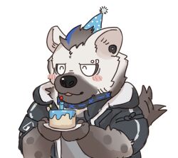  1boy arknights birthday birthday_cake black_hair black_jacket blush cake chibi chibi_only closed_eyes commentary_request ear_piercing eyebrow_piercing face_piercing food furry furry_male grey_shirt hat highres holding holding_cake holding_food hyena_boy hyena_ears hyena_tail infection_monitor_(arknights) jacket male_focus multicolored_hair open_mouth party_hat piercing shirt smile spot_(arknights) spotted_fur streaked_hair w_a_t_e_r_b_e_d white_background 
