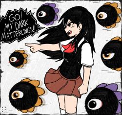  1girl black_eyes black_hair black_sweater_vest bright_pupils collared_shirt commentary dark_matter_(kirby) english_commentary english_text from_side hair_behind_ear hair_between_eyes highres kirby's_dream_land_2 kirby_(series) long_hair mari_(faraway)_(omori) mari_(omori) neckerchief nrdeluxe omori open_mouth pointing red_neckerchief red_skirt shirt short_sleeves skirt solo speech_bubble sweater_vest teeth thigh-highs tongue upper_teeth_only white_pupils white_shirt white_thighhighs 