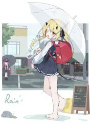  2girls :d absurdres backpack bag barefoot black_horns black_ribbon black_wings blonde_hair bloomers blue_archive blue_dress commentary crime_prevention_buzzer demon_horns demon_tail demon_wings dress hair_ribbon halo highres holding holding_umbrella horns ibuki_(blue_archive) iroha_(blue_archive) long_hair long_sleeves multiple_girls open_mouth outdoors pinafore_dress rain randoseru red_bag ribbon shirt sleeveless sleeveless_dress smile soles tail toes transparent transparent_umbrella umbrella untranslatable_commentary white_shirt wings yangge yellow_eyes yellow_halo 