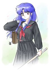  1girl akirakawa bag black_sailor_collar black_skirt blue_hair brown_bag brown_eyes character_ornament closed_mouth commentary_request green_background highres holding holding_staff long_hair long_skirt p-chan_(ranma_1/2) pleated_skirt ranma_1/2 sailor sailor_collar school_uniform skirt solo staff tendou_akane 
