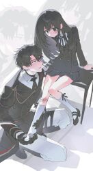 1boy 1girl absurdres bandaid bandaid_on_leg black_eyes black_gloves black_hair black_jacket black_necktie black_ribbon blush boo_1 caleb_(love_and_deepspace) closed_mouth collared_shirt desk gloves highres jacket kneehighs long_hair long_sleeves looking_at_another love_and_deepspace military military_uniform neck_ribbon necktie on_desk pants pleated_skirt ribbon school_uniform shirt shoes short_hair simple_background sitting skirt socks white_background white_shirt white_socks 