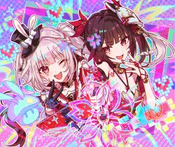  2girls anger_vein bell black_gloves black_hat brown_hair cellphone commentary_request dual_persona flower flower_tattoo gloves half_gloves hand_up hat highres holding honkai:_star_rail honkai_(series) looking_at_viewer mask mask_on_head mini_hat multiple_girls nail_polish neck_bell one_eye_closed open_mouth papipiko phone pink_background purple_background red_eyes red_nails red_shirt selfie_stick shirt shoulder_tattoo smile sparkle_(honkai:_star_rail) sparxie_(honkai:_star_rail) star_(symbol) tattoo top_hat twintails upper_body v v_over_mouth white_hair 
