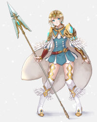  1girl aqua_dress aqua_eyes belt blonde_hair boots cape commentary dress earrings fire_emblem fire_emblem_heroes fjorm_(fire_emblem) full_body hazuki_(nyorosuke) highres holding holding_polearm holding_weapon jewelry looking_at_viewer polearm short_hair shoulder_pads solo standing thigh-highs tiara vambraces weapon white_boots white_cape white_thighhighs 