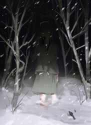  1girl asymmetrical_hair blood blush brown_eyes brown_hair camera cold commentary earphones earphones forest grey_jacket hair_ornament hairclip halo highres holding holding_camera holding_earbud horror_(theme) iwakura_lain jacket long_sleeves luorakka nature night open_mouth red_ribbon ribbon school_uniform serial_experiments_lain shirt short_hair single_sidelock skirt snow snowing solo tree white_shirt x_hair_ornament 