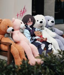  1girl bandaged_arm bandaged_neck bandages bench blue_archive blurry blurry_foreground blush brown_eyes brown_hair commentary_request embarrassed halo highres holding holding_stuffed_toy hood hoodie jacket large_teddy_bear misaki_(blue_archive) niwlite on_bench photo_background real_world_location ripples short_hair sitting stuffed_animal stuffed_toy sweat teddy_bear wooden_bench 