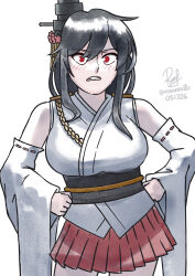  1girl black_hair breasts clenched_teeth dated detached_sleeves english_commentary hands_on_own_hips headgear highres japanese_clothes kantai_collection kimono large_breasts long_hair one-hour_drawing_challenge pleated_skirt red_eyes red_skirt ron_(pixiv83091338) shirt signature skirt solo teeth twitter_username white_kimono white_shirt yamashiro_(kancolle) 