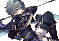  1boy ahoge armor arms_up black_boots black_gloves blue_cape blue_shirt boots cape coat collared_shirt commentary_request crossed_bangs cryo_symbol_(genshin_impact) disaster_and_remorse_(genshin_impact) dynamic_pose genshin_impact gloves green_hair grin hair_between_eyes hair_intakes highres holding holding_polearm holding_weapon ito_e_mochi legs_up lohen_(genshin_impact) long_sleeves male_focus mole mole_under_eye multicolored_eyes pants polearm shirt short_hair shoulder_armor smile solo thigh_strap twitter_username vision_(genshin_impact) weapon white_background white_pants 