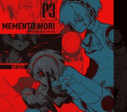  1girl aigis_(persona) android bow bowtie cropped_torso english_text finger_cannon hairband highres joints limited_palette looking_at_viewer multiple_views parted_lips persona persona_3 red_background red_eyes red_theme robot_ears robot_girl robot_joints short_hair simple_background ttt_t0n zoom_layer 