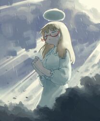  1girl absurdres artist_name blonde_hair breasts buttons closed_eyes closed_mouth clouds cloudy_sky crying dress egg egg_(food) egg_hair_ornament egg_yolk english_commentary falling_leaves food food-themed_hair_ornament food_on_head fried_egg frills giant giantess glasses hair_ornament halo highres kurohanenone leaf light_rays long_hair medium_breasts object_on_head own_hands_clasped own_hands_together praying rain red-framed_eyewear shimeji_simulation sky sunbeam sunlight tree white_dress yamashita_majime 