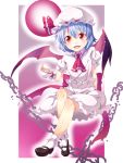  ascot bat_wings blue_hair blush chain child cup demon_girl dress fang flat_chest frills full_moon hat highres ichi_makoto legs mary_janes moon red_eyes remilia_scarlet shoes short_hair sitting smile socks solo spill tea teacup touhou wings wrist_cuffs 