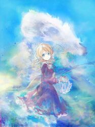  1girl blonde_hair blue_background blue_eyes closed_mouth clouds collared_dress commentary contrast_collar dress hat holding holding_unworn_clothes holding_unworn_hat long_hair long_sleeves maribel_hearn mob_cap neck_ribbon purple_dress red_ribbon ribbon sleeve_cuffs smile socks solo standing touhou undone_neck_ribbon unworn_hat unworn_headwear uwazumi white_hat white_socks 