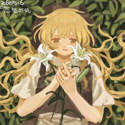  1girl apron black_skirt black_vest blonde_hair flower flower_request gaiyonghunichengyinshexianweiguiwufaxianshi hair_spread_out holding holding_flower kirisame_marisa long_hair looking_at_viewer lying marisa_day on_back open_mouth short_sleeves skirt smile solo touhou translation_request upper_body very_long_hair vest waist_apron white_apron white_flower yellow_eyes 