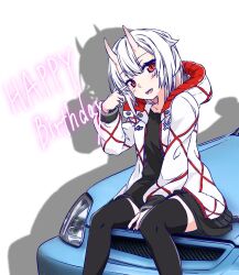  1girl :d asagi501 between_legs black_shirt black_thighhighs car character_request check_character collarbone commentary_request double-parted_bangs drop_shadow feet_out_of_frame flat_chest grey_nails hair_between_eyes hand_between_own_legs hand_up happy_birthday head_tilt highres hood hood_down hooded_jacket horns jacket jewelry long_shirt medium_hair messy_hair motor_vehicle multicolored_jacket on_car open_clothes open_jacket original pointing pointing_at_self red_eyes red_jacket ring shirt simple_background sitting smile solo thick_thighs thigh-highs thighs two-tone_jacket vrchat white_background white_hair white_jacket zettai_ryouiki 