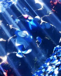  brionne closed_eyes coral eyelashes fish highres lying no_humans on_back pink_nose pokemon pokemon_(creature) pokemon_focus pokemon_sun_and_moon rivalclay school_of_fish sea_lion sleeping wishiwashi wishiwashi_(solo) 