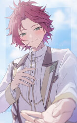  1boy absurdres bangs_pinned_back buttons closed_mouth commentary curtained_hair ensemble_stars! eyes_visible_through_hair fingernails green_eyes hair_ornament hairclip hand_on_own_chest hand_up highres isara_mao lapels layered_sleeves long_sleeves looking_at_viewer male_focus offering_hand official_alternate_costume open_hand peaked_lapels red_hair reijiro ring_(ensemble_stars!) short_hair sky smile solo upper_body 