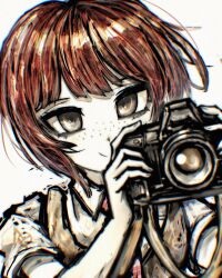  1girl camera collared_shirt danganronpa_(series) danganronpa_2:_goodbye_despair dot_nose dress freckles green_dress highres holding holding_camera koizumi_mahiru messy_hair necktie pale_skin red_hair shirt short_hair smile strap tsukihi_shida white_background white_shirt 
