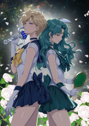  2girls back_bow bishoujo_senshi_sailor_moon blonde_hair blue_bow blue_choker blue_eyes blue_sailor_collar blue_skirt bow brooch choker circlet commentary_request cowboy_shot deep_aqua_mirror earrings flower galaxy_blue gloves green_bow green_choker green_eyes green_hair green_sailor_collar green_skirt highres holding holding_mirror holding_sword holding_weapon jewelry kaiou_michiru light_smile long_hair looking_at_viewer magical_girl miniskirt mirror multiple_girls outer_senshi petals pleated_skirt rose rose_petals sailor_collar sailor_neptune sailor_senshi sailor_senshi_uniform sailor_uranus shiny_skin short_hair skirt space_sword standing sword ten'ou_haruka wavy_hair weapon white_flower white_gloves white_petals white_rose yellow_bow 