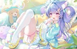  1girl absurdres animal_ears asymmetrical_legwear bubble bunnyjiry_(jirynyang) cat_ears cat_girl hair_ornament hairpin highres japan japan_(hetalia) japanese japanese_flag japanese_text looking_at_viewer lying negligee on_back open_mouth original pillow purple_hair socks stuffed_animal stuffed_toy tagme violet_eyes white_negligee white_socks 