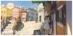  2girls absurdres ankle_socks black_hair black_shirt black_shoes blareger blue_shorts blue_sky border building closed_mouth commentary day dome dress english_commentary highres lamppost long_hair long_sleeves medium_hair multiple_girls original outdoors people road scenery shirt shoes short_sleeves shorts sky smile socks stairs standing street summer town whispering_in_ear white_border white_dress white_socks 