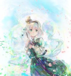  1girl black_hairband black_ribbon blush collared_shirt commentary falling_petals green_eyes green_skirt green_vest hairband highres holding holding_sword holding_weapon konpaku_youmu konpaku_youmu_(ghost) long_sleeves neck_ribbon open_mouth parted_lips petals ribbon shirt short_hair skirt sword touhou uwazumi vest weapon white_hair white_shirt 