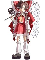  1girl ascot black_shoes bow brown_eyes brown_hair commentary detached_sleeves frilled_bow frilled_hair_tubes frilled_skirt frills full_body gohei hair_bow hair_tubes hakurei_reimu highres holding holding_gohei leg_warmers long_hair mozupoko open_mouth red_bow red_skirt ribbon-trimmed_sleeves ribbon_trim shirt shoes simple_background skirt skirt_set solo touhou twitter_username white_background white_leg_warmers yellow_ascot 