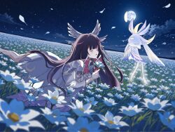  1girl bare_shoulders blurry blush closed_eyes clouds columbina_(genshin_impact) commentary den_dendayo depth_of_field dress field flower flower_field full_moon genshin_impact glowing hair_ornament highres holding holding_flower long_hair long_sidelocks luonnotar_(genshin_impact) lying moon moonlight multicolored_hair night on_stomach petals scenery sidelocks sky solo star_(sky) starry_sky streaked_hair two-tone_hair very_long_hair white_dress white_headdress wide_shot wing_hair_ornament wings 