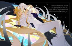  2girls absurdres aurora_(fate) black_background blonde_hair blush circlet closed_eyes dress english_text fate/grand_order fate_(series) gloves hair_between_eyes hair_ornament hairclip highres hug long_hair lying melusine_(fate) multiple_girls open_mouth qiminghaonan99820 sitting smile white_hair yellow_eyes yuri 