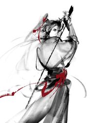  1boy black_hair black_hanfu chinese_clothes chinese_commentary faux_traditional_media grandmaster_of_demonic_cultivation greyscale hair_ribbon hanfu holding holding_sword holding_weapon huashengdoufu ink_wash_painting jian_(weapon) long_hair long_sleeves looking_at_viewer looking_back male_focus monochrome ponytail red_ribbon red_sash ribbon robe sash sidelocks simple_background sketch solo spot_color sword weapon wei_wuxian white_background zhongguo_hua 