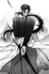  1boy abs absurdres clenched_hand commentary dirty dirty_face english_commentary greyscale grin highres holding holding_sword holding_weapon long_hair looking_at_viewer male_focus messy_hair monochrome muscular muscular_male omegaa_7 shadow_slave smile smirk solo sunny_(shadow_slave) sword weapon 