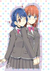  2girls ;) absurdres behind_another black_jacket black_skirt blazer blue_eyes blue_hair blush bow bowtie braid closed_mouth collared_shirt colorful_background commentary_request cowboy_shot cropped_legs dated frown highres jacket kinjo_maika kurumibashi_school_uniform love_live! love_live!_hasu_no_sora_jogakuin_school_idol_club love_live!_hasu_no_sora_jogakuin_school_idol_club_bloom_garden_party multiple_girls one_eye_closed orange_eyes pink_bow pink_bowtie pleated_skirt polka_dot polka_dot_background red_hair reisawa_aoi school_uniform shirt side_braid signature skirt slit_pupils smile sweatdrop undershirt v-shaped_eyebrows white_shirt yuusei_honpo 