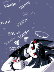  1girl andaerz animal animal_ears artist_logo artist_name bent_over black_hair black_shirt bracelet cat_ears cat_girl cat_girl_(andaerz) collar cross_hair_ornament detached_wings english_text grey_background hair_ornament halo head_on_table heart heart_hair_ornament highres holding holding_animal jewelry large_ears limited_palette logo long_hair mouse_(animal) original red_eyes shirt solo spiked_bracelet spikes t-shirt wings 