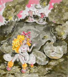  1girl abstract_background absurdres blonde_hair bow clouds coffee coffee_mug coffee_pot commentary_request cup dress eudetenis fang flower hair_bow highres knees_together_feet_apart leaf long_hair looking_at_animal loose_socks mug on_ground original outdoors parted_bangs petting pink_shoes pink_sky pointy_ears puffy_sleeves shikishi shoes short_eyebrows signature sitting sky sleeping socks solo square_neckline steam tareme tortoise traditional_media tree turtle wavy_hair white_dress yellow_socks 