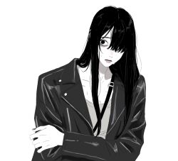  1girl bags_under_eyes black_eyes black_hair black_jacket collarbone colored_skin commentary_request english_commentary ghost_girl grey_shirt hair_over_face hair_over_one_eye highres jacket leather leather_jacket pale_skin shirt the_ring virtuware wet wet_clothes wet_shirt white_background white_skin yamamura_sadako 