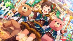  1girl 2others :d ;d ahoge animal_costume animal_ears bear_costume bear_ears blush border bow bowtie brown_skirt card_commentary commentary_request dutch_angle fake_animal_ears game_asset green_bow green_bowtie hands_up idolmaster idolmaster_million_live! idolmaster_million_live!_theater_days kinoshita_hinata long_sleeves looking_at_viewer multiple_others official_alternate_costume official_art one_eye_closed open_mouth short_hair skirt smile standing third-party_source 