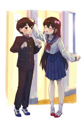  1boy 1girl :d ^_^ aged_down ankle_socks antenna_hair aubrey_(faraway)_(omori) aubrey_(omori) backlighting black_eyes black_hair black_jacket black_pants black_socks blue_sailor_collar blue_skirt blurry blurry_background blush border bright_pupils child clenched_hand clenched_hands closed_eyes closed_mouth commentary_request curtains dendenmushi1064 double-parted_bangs facing_another film_grain frown full_body gakuran gold_buttons hair_behind_ear hair_between_eyes hair_ornament hand_on_another's_head hands_up highres indoors jacket long_hair long_sleeves medium_skirt neckerchief omori open_mouth outside_border pants pigeon-toed pleated_skirt puffy_long_sleeves puffy_sleeves red_neckerchief ribbed_socks sailor_collar school_uniform shirt shoes short_hair skirt sky smile socks standing straight_hair sunny_(omori) sweat teeth tongue turtleneck turtleneck_jacket upper_teeth_only uwabaki very_long_hair very_short_hair white_border white_pupils white_shirt white_shoes white_sky white_socks window wooden_floor 