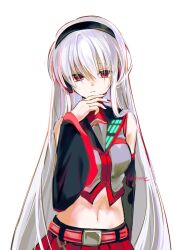  1girl belt black_sailor_collar black_sleeves breasts closed_mouth crop_top detached_sleeves expressionless grey_shirt hand_on_own_chin headphones highres looking_at_viewer medium_breasts midriff navel pleated_skirt ramune55ni red_belt red_eyes red_nails red_skirt red_trim sailor_collar shaded_face shirt signature simple_background skirt solo sukone_tei utau white_background white_hair 
