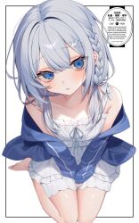  1girl artist_name asano_yoru_(artist) bare_shoulders barefoot between_legs blue_eyes blush braid camisole from_above grey_hair hair_ornament hairpin hand_between_own_legs highres jersey looking_at_viewer original seiza sitting white_camisole 