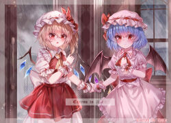  2girls absurdres artist_name ascot back_bow bat_wings blonde_hair blue_hair blush bow chinese_commentary closed_mouth collared_shirt commentary_request crystal crystal_wings flandre_scarlet frilled_shirt_collar frilled_skirt frills hat hat_bow highres looking_at_viewer mob_cap multicolored_wings multiple_girls one_side_up open_mouth pink_hat pink_shirt pink_skirt rain red_ascot red_bow red_eyes red_skirt red_vest remilia_scarlet shirt siblings sisters skirt skirt_set top-exerou touhou vest white_bow white_hat white_shirt wings yellow_ascot 