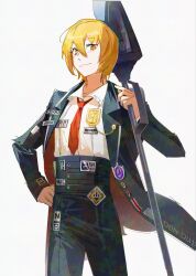  +_+ 1girl black_coat black_pants blonde_hair closed_mouth coat collared_shirt commentary cowboy_shot don_quixote_(project_moon) highres holding holding_polearm holding_weapon lance limbus_company long_sleeves luan_(luans51129268) necktie open_clothes open_coat pants polearm project_moon red_necktie shirt short_hair solo sparkling_eyes untranslatable_commentary weapon white_shirt yellow_eyes 