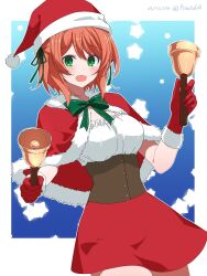  1girl bell blush breasts capelet christmas fractal_(fractal25) fur-trimmed_capelet fur_trim gloves green_eyes hat highres holding holding_bell large_breasts lisette_(stella_glow) looking_at_viewer miniskirt orange_hair red_capelet red_gloves red_skirt santa_costume santa_hat short_hair skirt smile stella_glow 