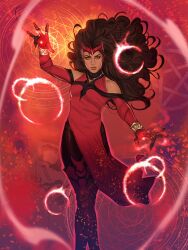  1girl black_leggings boots bracelet breasts brown_hair clothing_cutout commentary commission dark-skinned_female dark_skin dress english_commentary floating_clothes floating_hair gem gloves gold_bracelet highres jewelry jswayart leggings long_hair looking_at_viewer magic_circle marvel necklace realistic red_boots red_dress red_eyes red_gem red_gloves red_theme red_tiara scarlet_witch shoulder_cutout small_breasts solo thigh_boots wanda_maximoff western_comics_(style) witch 
