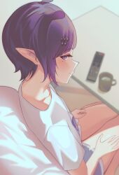  1girl absurdres blue_eyes bolu06 closed_mouth controller cup highres hololive hololive_english mole mole_under_eye mug ninomae_ina'nis ninomae_ina'nis_(loungewear) pointy_ears purple_hair remote_control shirt sitting solo table tentacle_hair virtual_youtuber white_shirt 