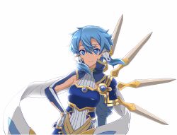  1girl armor asagi501 blade_wings blue_armor blue_eyes blue_hair blue_shrug breastplate breasts closed_mouth collared_shrug commentary_request double-parted_bangs gold_trim hair_between_eyes hair_tubes hand_on_own_hip highres looking_at_viewer medium_breasts medium_hair messy_hair pauldrons shirt shoulder_armor shrug_(clothing) sidelocks simple_background single_pauldron single_wing sinon sinon_(sao-alo) smile solo split_mouth straight-on sword_art_online sword_art_online:_alicization sword_art_online:_alicization_-_war_of_underworld turtleneck turtleneck_shirt two-tone_wings upper_body white_background white_shirt white_wings wing_collar wings yellow_wings 